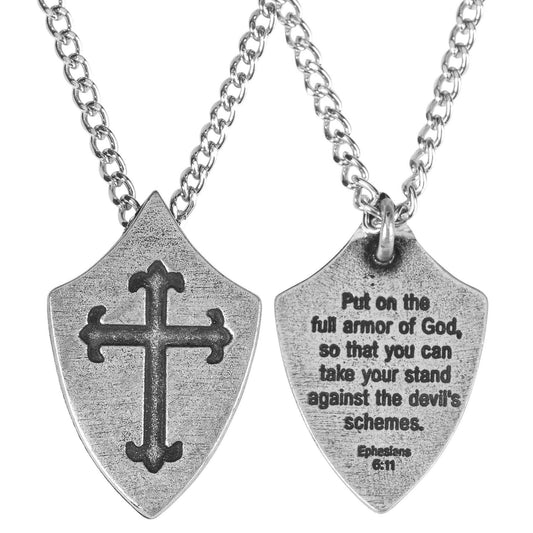 Cross on Shield Necklace with Ephesians 6:11