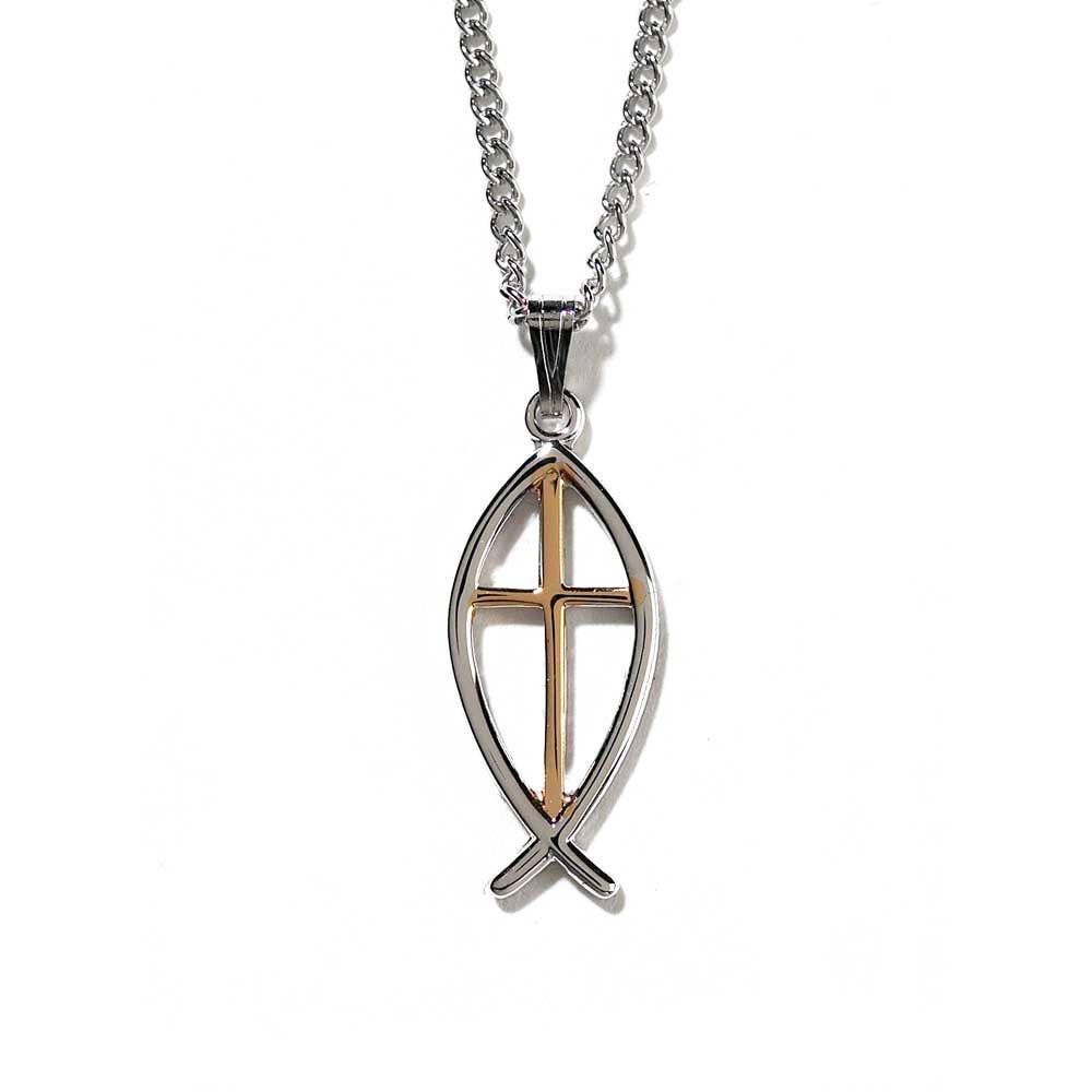 Silver Plated Fish With Gold Plated Cross Necklace