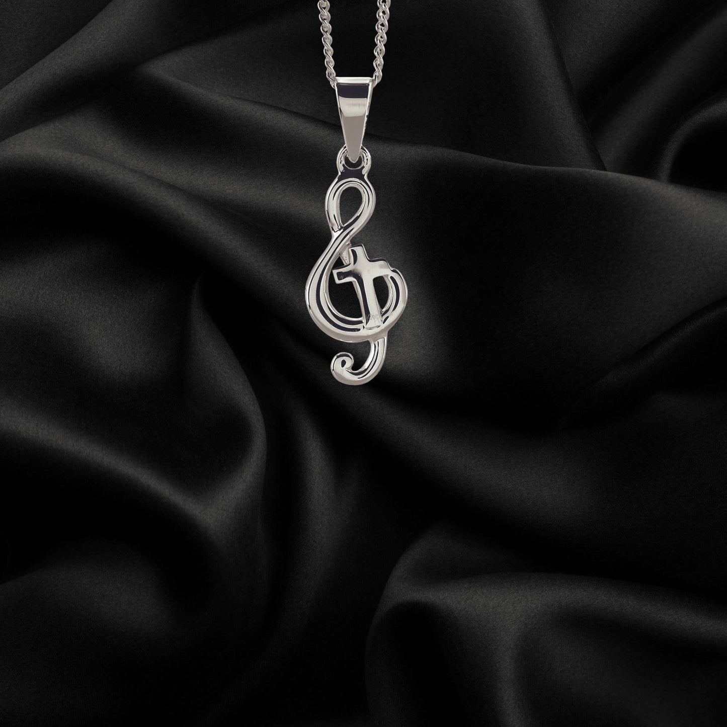 Silver Plated Cross With Musical Staff Necklace