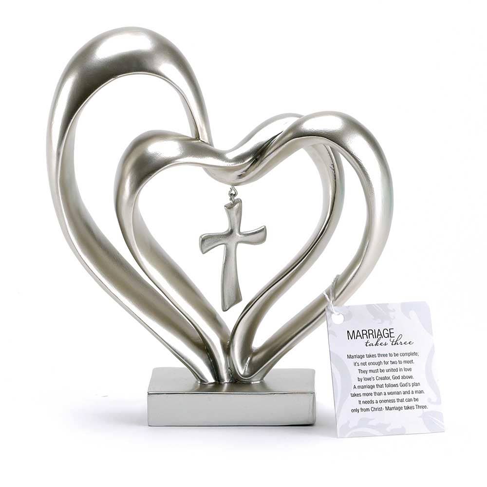 Silver Tabletop Double Heart With Cross