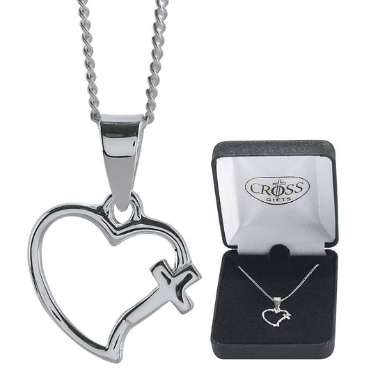 Silver Plated Open Heart With Cross Necklace